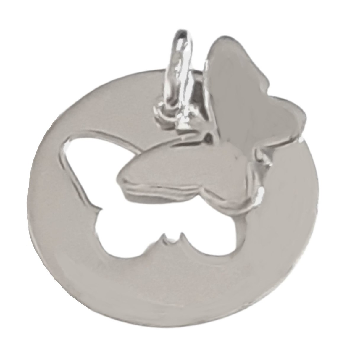 Pendentif médaille ronde papillon découpé en argent + chaine