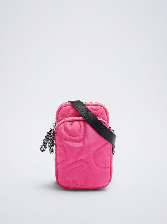Bolsa de nylon para celular com corações - Rosa