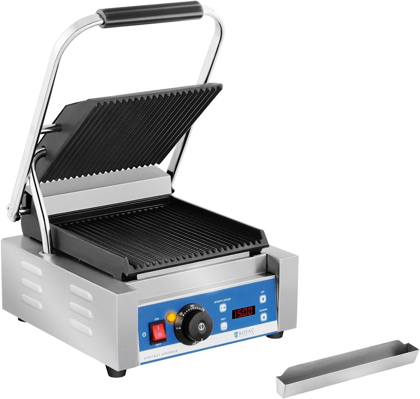 Royal Catering Kontaktgrill Elektrogrill Pannini Grill (1800 W, 55–300 °C, geriffelt, Timer 15 min, Abtropfschale, 36,2 x 31,3 x 20,1 cm, Gusseisen emailiert)
