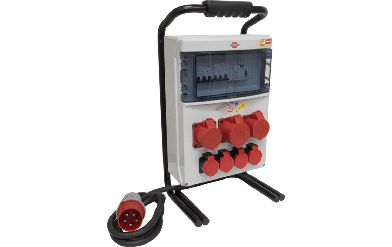 Baustromverteiler BSV 4/32 FS 3x CEE/5, 4x T25<br>Stromverteiler BSV 4/32 FS mit 40A FI Schutzschalter, 2 m langem Kabel für ständige Verwendung im Aussenbereich