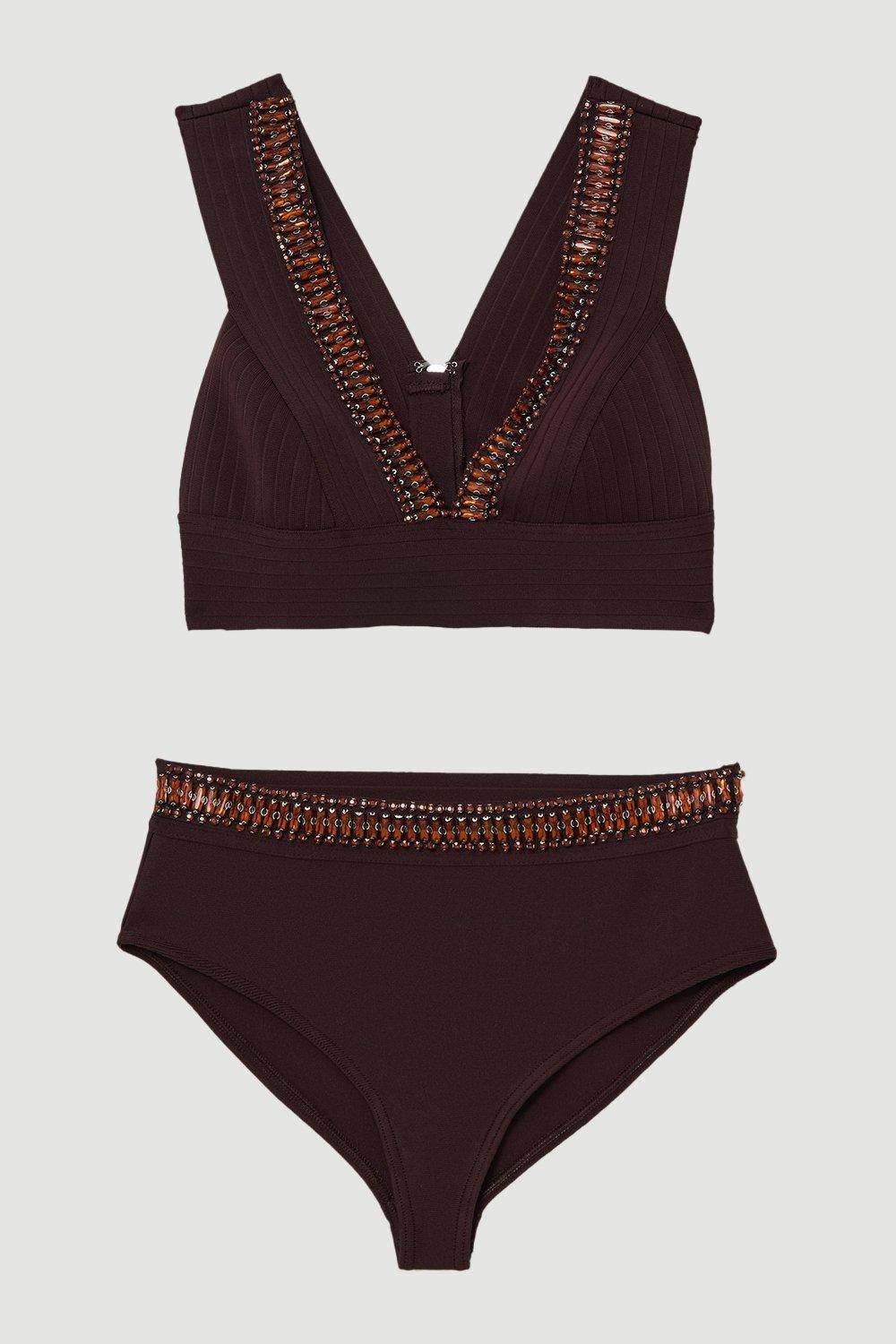 KarenMillen Bas de bikini taille haute avec garniture embellie effet bandage