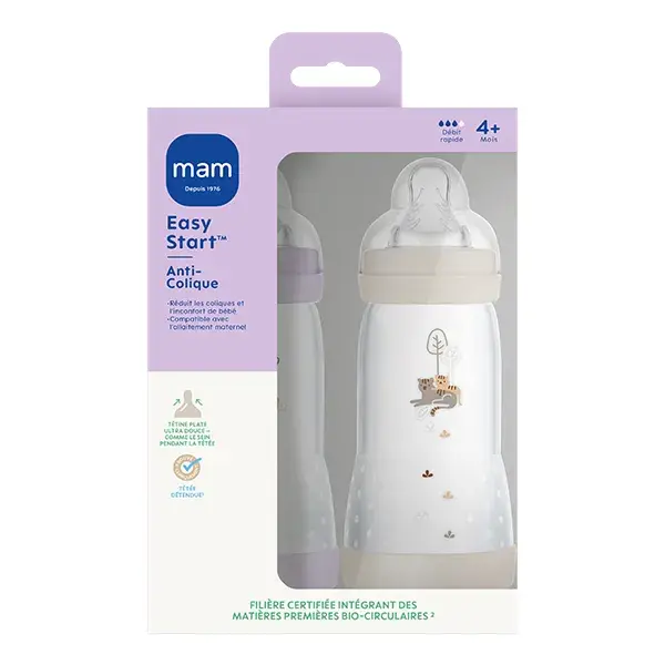 Mamadeira Mam Baby, Lilás + Teto Areia, Fluxo 3, 2 x 320ml