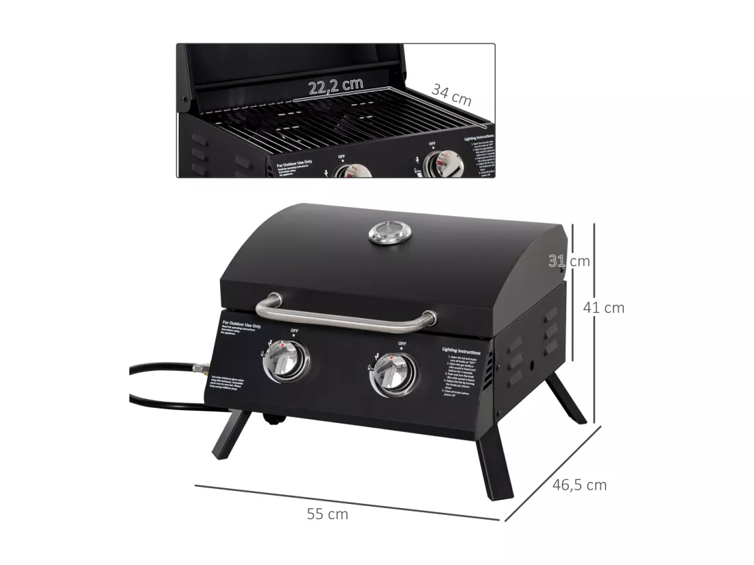 Barbecue gaz de table transportable pieds pliables - 2 brûleurs 5 kW - barbecue gaz de camping - grille de cuisson, réceptacle graisse, thermomètre - acier noir