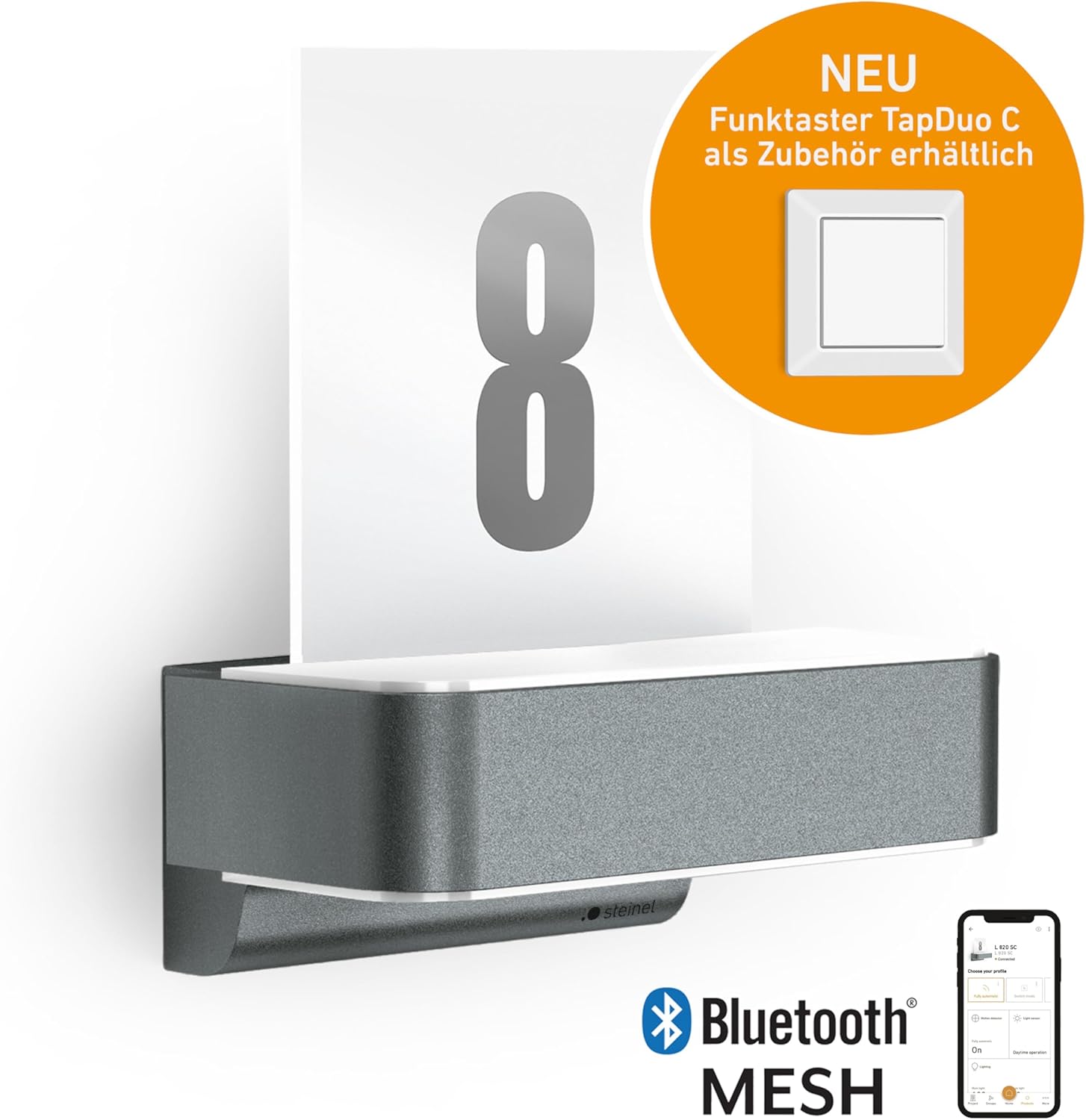 Steinel LED-Außenwandleuchte L 820 SC anthrazit, 9,8 W, 679 lm, inkl. Hausnummer, 160° iHF-Bewegungsmelder, vernetzbar, per App bedienbar, Aluminium