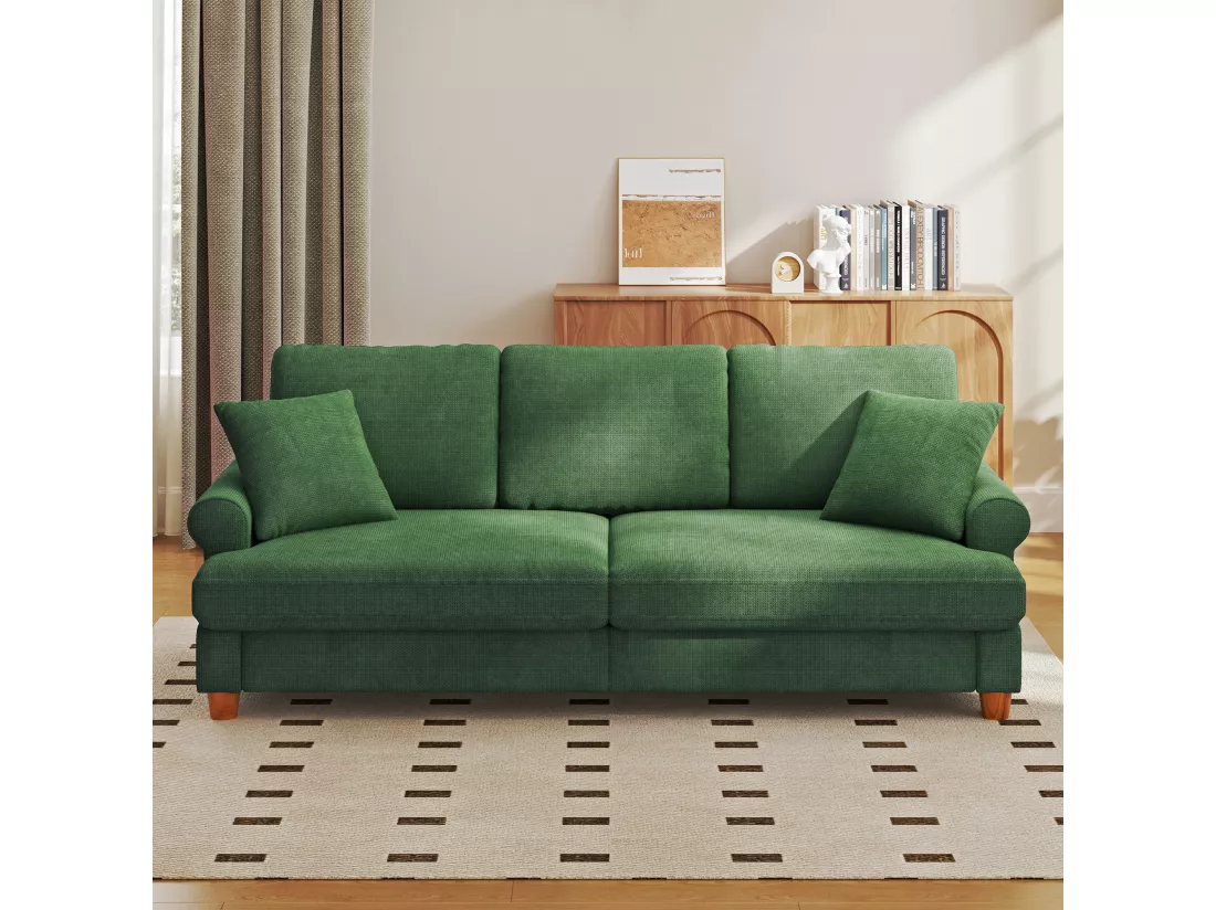 Canapé confort 3 places, Tissu en Chenille, avec accoudoirs,coussins et 2 oreillers, Charge max 365 kg - 220x76x86 cm