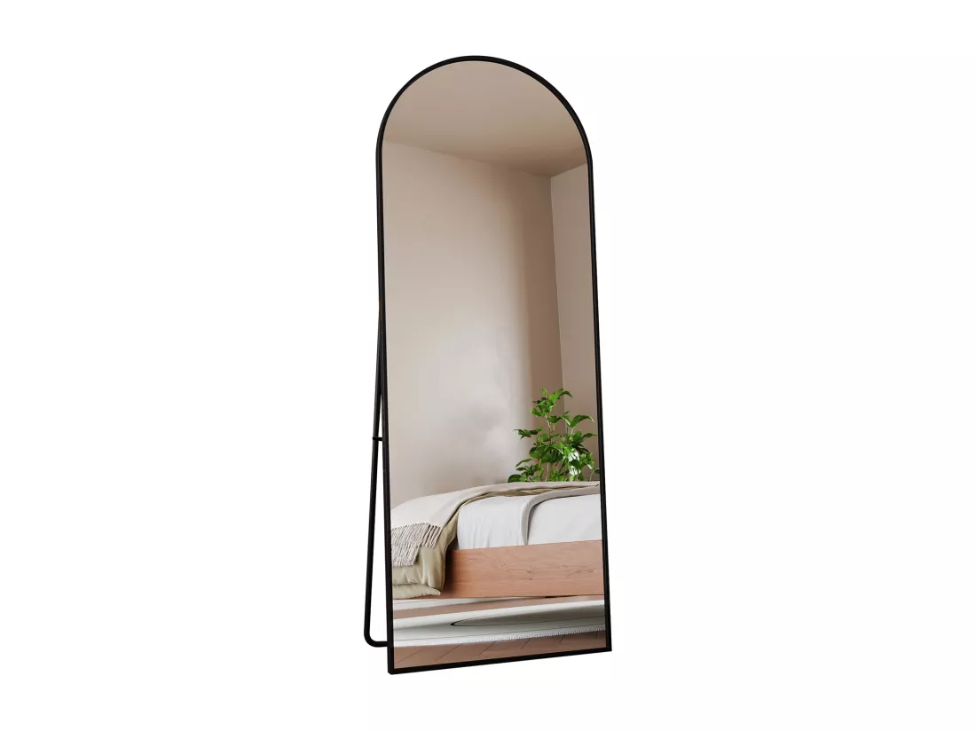 Miroir pleine longueur 162 x 53 cm, sur pied, suspendu ou appuyé, grand miroir de sol avec cadre en alliage d'aluminium noir pour salon ou chambre à coucher, Arc