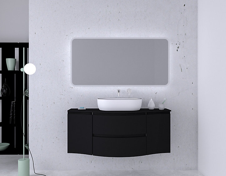 Ensemble Vague L.138 cm meuble sous vasque à suspendre noir mat + plan de toilette central