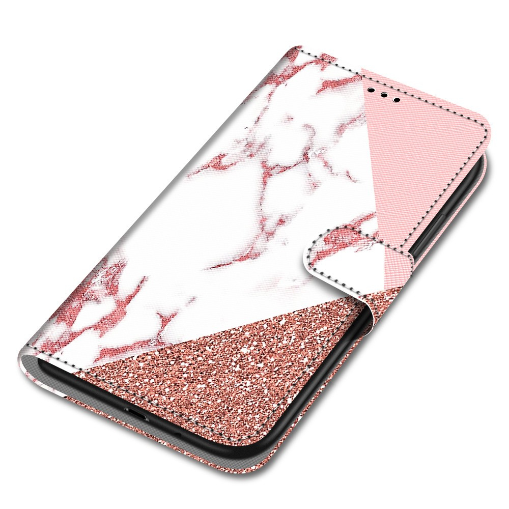 iPhone 13 Pro Leder Tasche mit Kartenfächer   Handschlaufe - Marble Marmor (Roségold / Weiss)