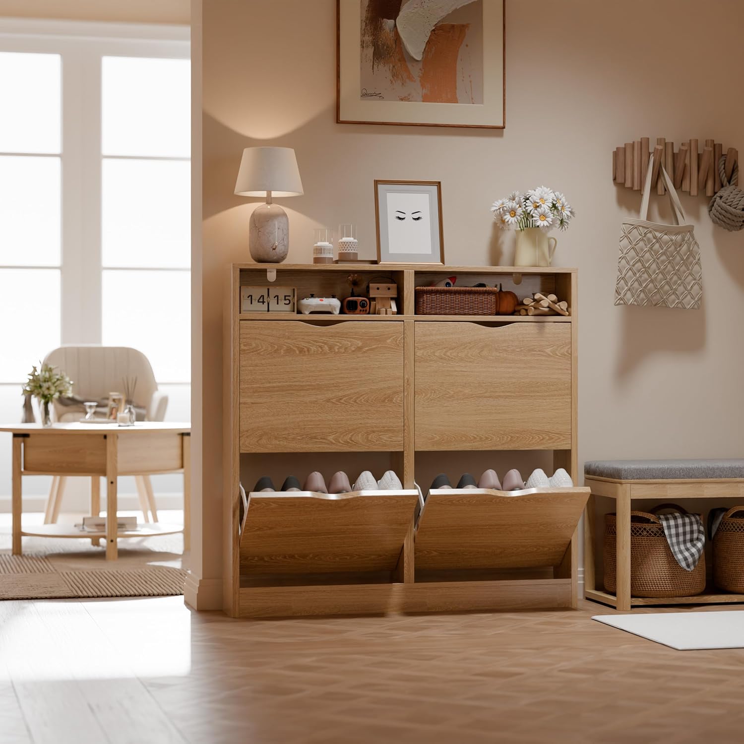 ELUCHANG Schuhschrank schmal mit 4 Klappen Platzsparender, Geschlossen Schuhregal Schuhkipper Schuhkommode mit 4 Ablagen, Shoe Cabinet Flurschrank für Diele/Flur/Garderobe, Eiche