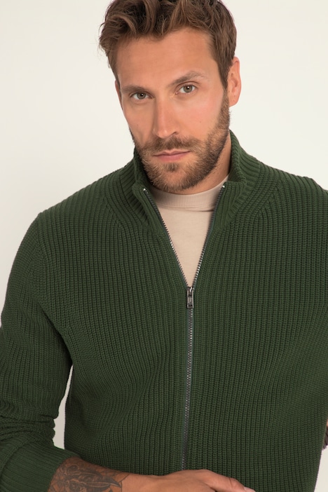 Strickjacke, kerniger Rippstrick, Stehkragen, Zipper