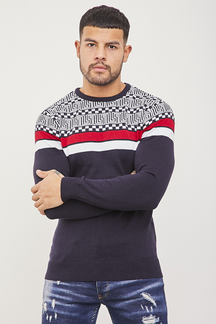 Pull en maille bleu à motifs grecs et bandes
