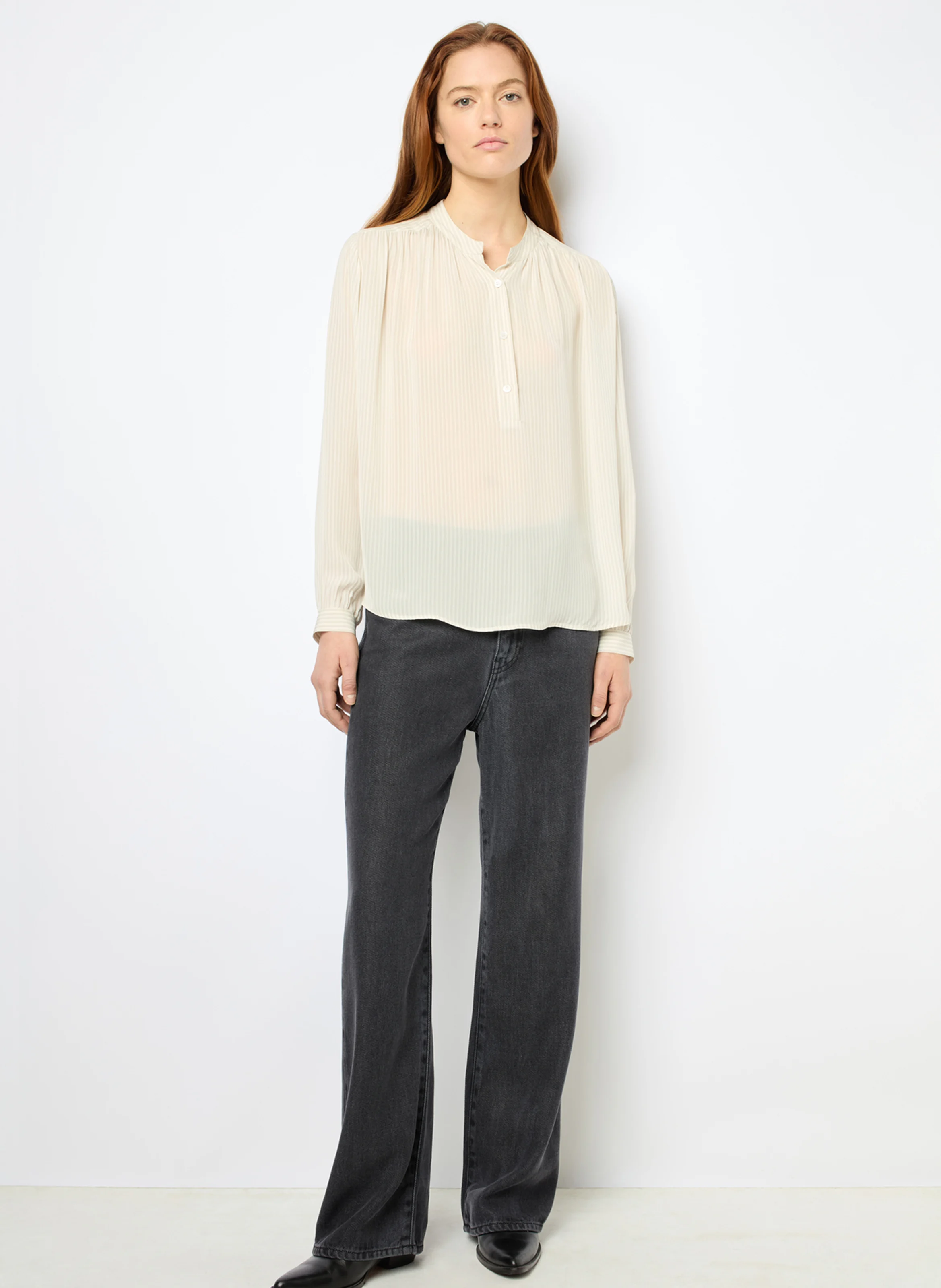 AMBRE - Blouse col tunisien à rayures | Blanc