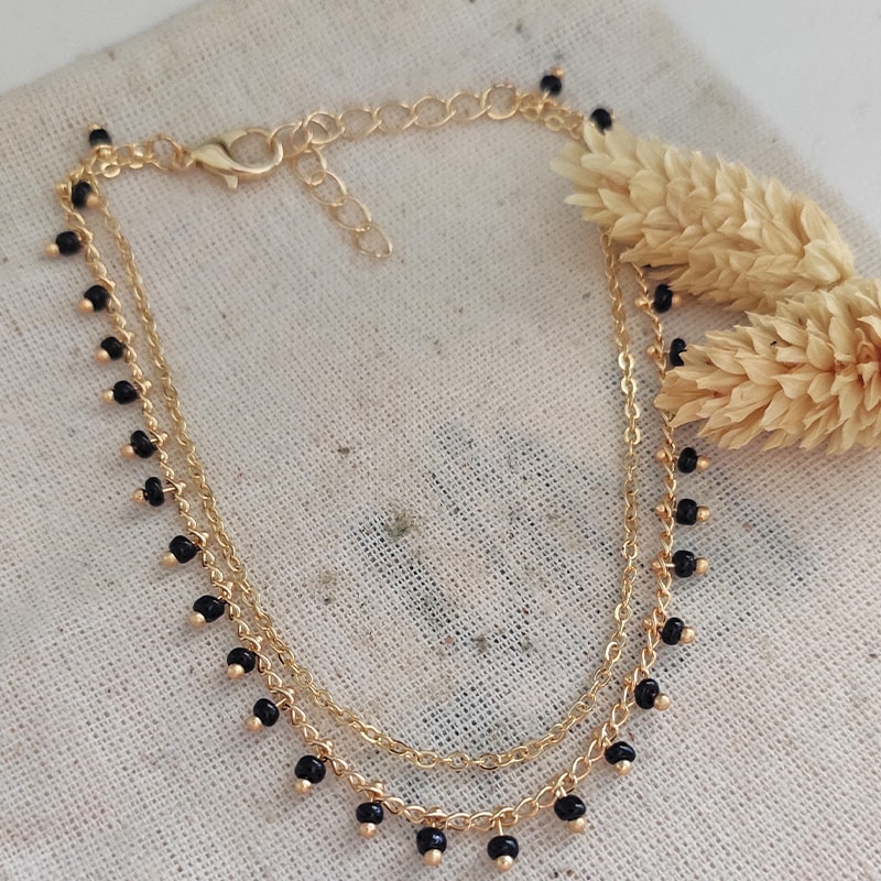 Bracelet de cheville avec des pierres cristaux noires - Laiton doré & plaqué or