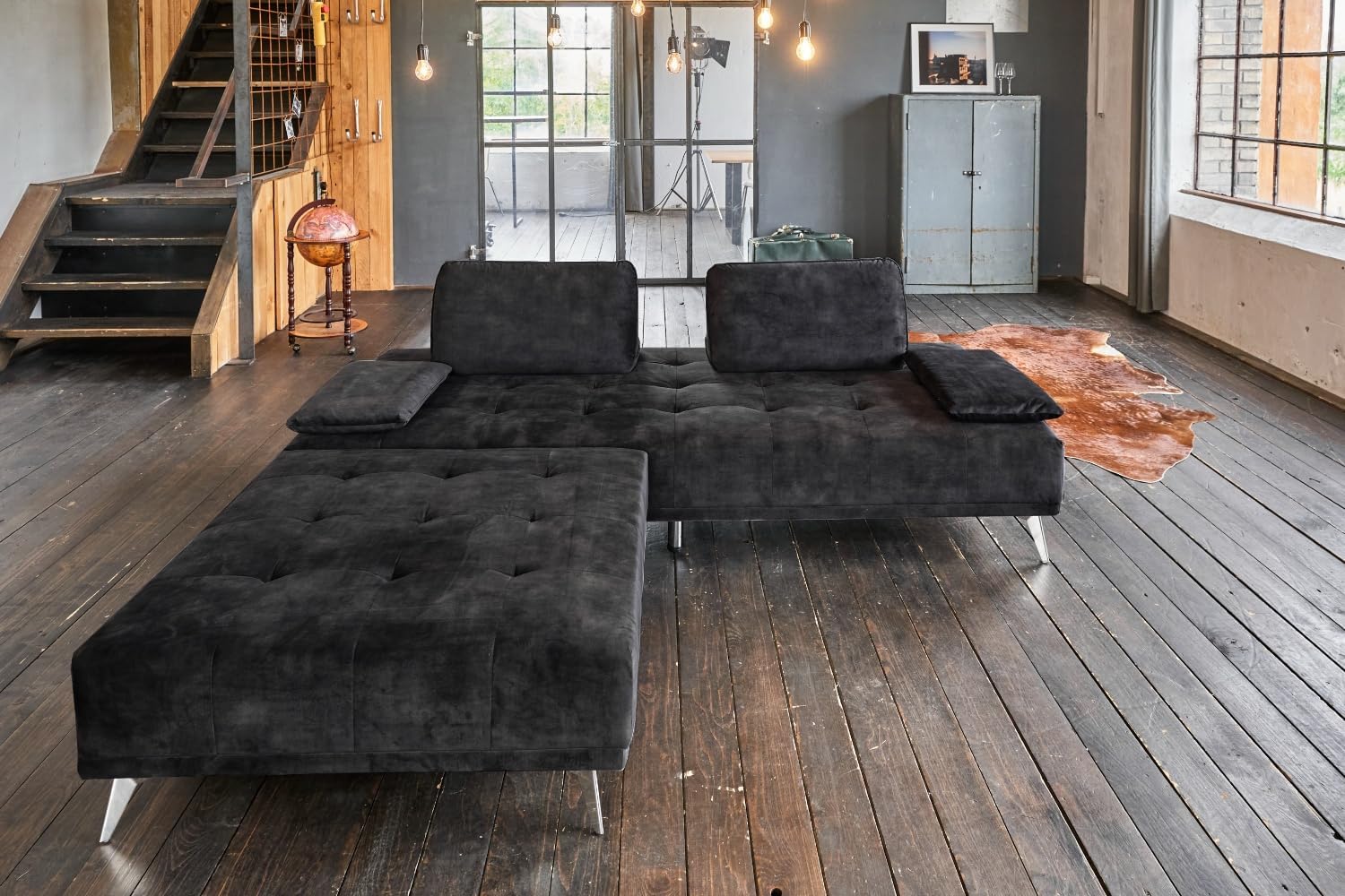 KAWOLA Schlafsofa Samtvelour Anthrazit Sofa WIOLO Daybed und Schlafcouch, inkl. Hocker und 2 Kissen, 240x110 cm