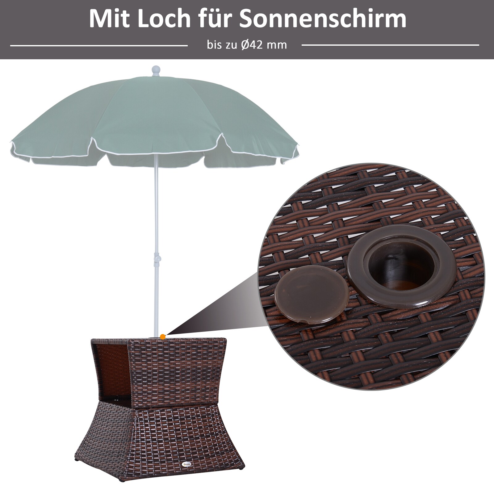 Outsunny Rattan-Gartentisch mit Sonnenschirm-Halterung braun 54 x 54 x 55 cm (LxBxH)