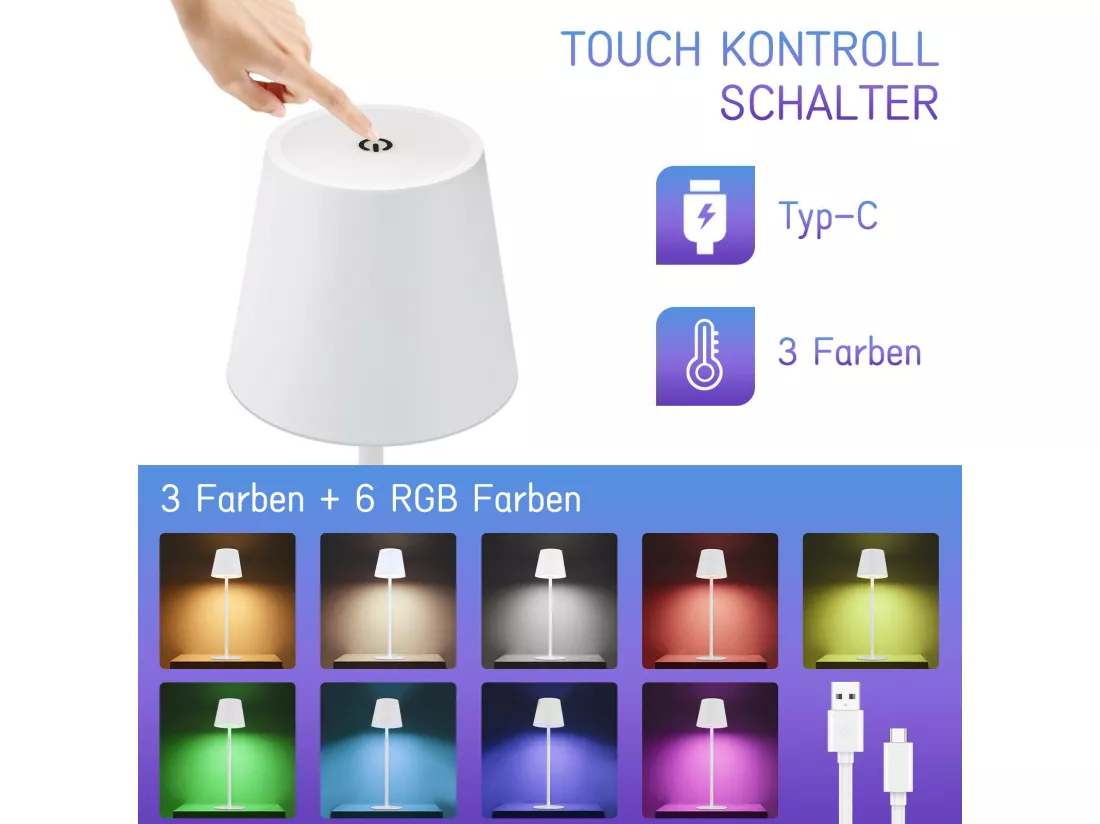 NETTLIFE Lampe de Chevet à Batterie sans Fil， Lot de 2- LED RGB 2600mhA Lampe de Table d'extérieur Rechargeable Tactile Dimmable Blanc USB