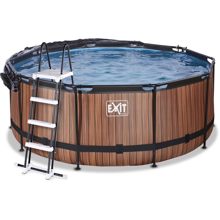 EXIT Wood Pool ø360x122cm mit Abdeckung, Sandfilter- und Wärmepumpe, braun