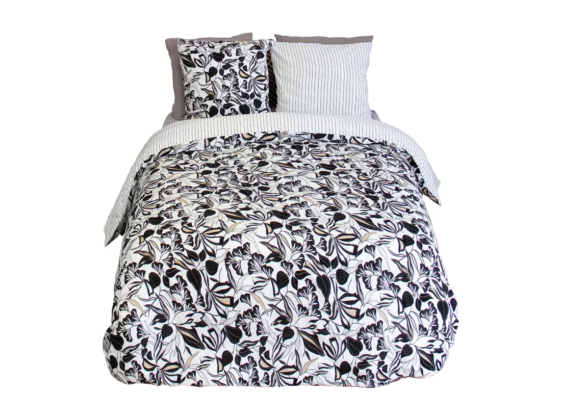 Parure de lit 240x220 cm en microfibre FLORE noir et blanc floral 3 pièces