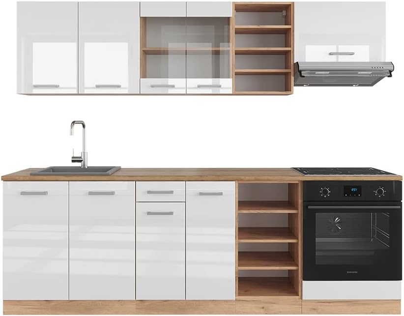 Vicco Küchenzeile R-Line, Weiß Hochglanz/Goldkraft Eiche, 240 cm ohne Arbeitsplatte