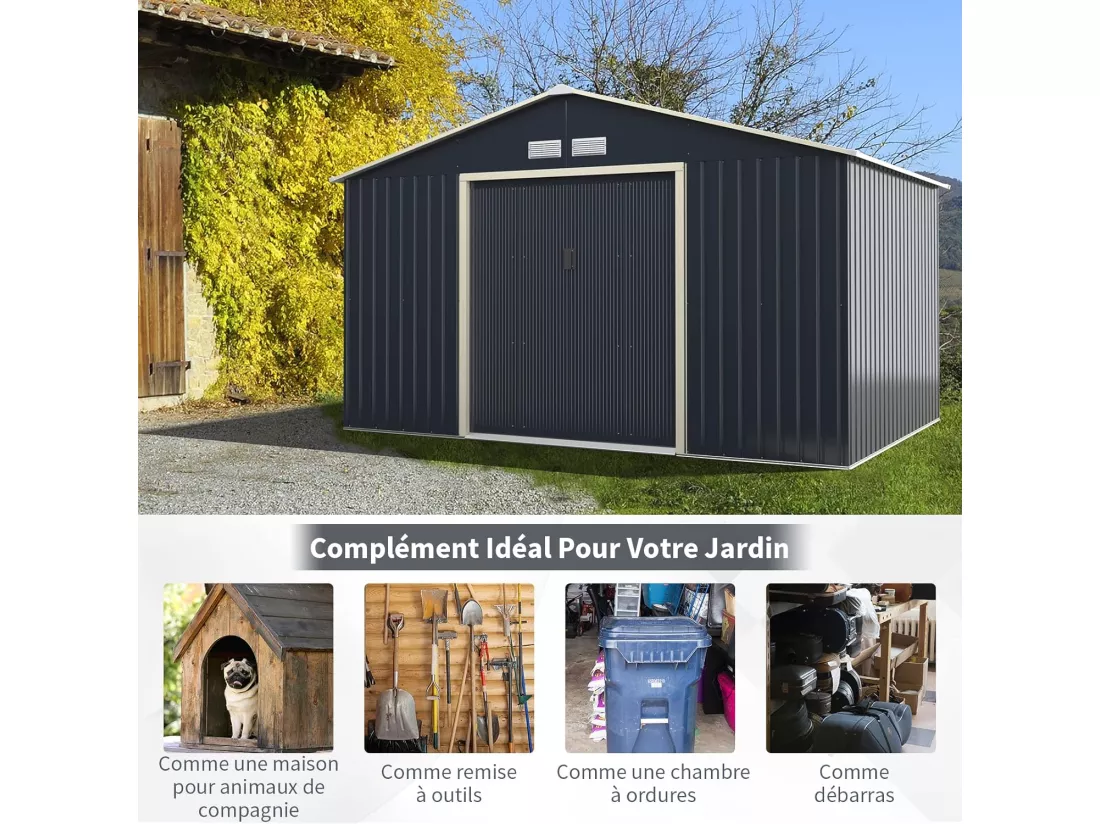 Abri de Jardin Métal 2 Portes Coulissantes Verrouillables, 4 Trous d’Aération, Toit Penché, Cabane Exterieur pour Vélo, Poubelle, 340 x 255 x 210 cm (Gris)