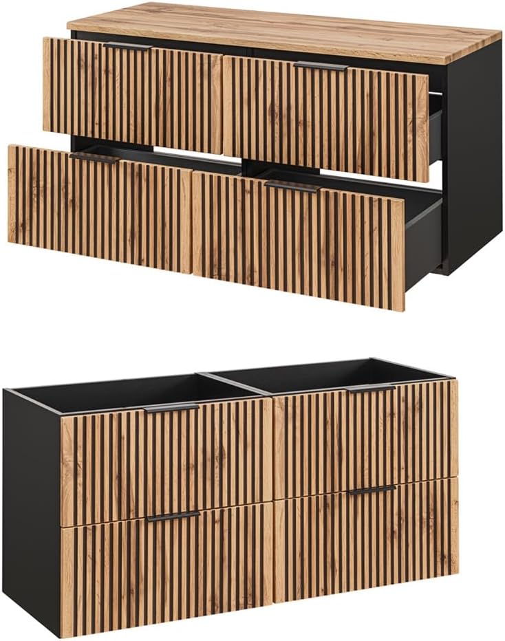 Lomadox Waschtischunterschrank Unterschrank 120 cm mit Waschtischplatte für 2 Aufsatzwaschbecken anthrazit mit Eiche Nb. schwarz gerillt, (BxHxT) 120,6x59,2x46,5 cm