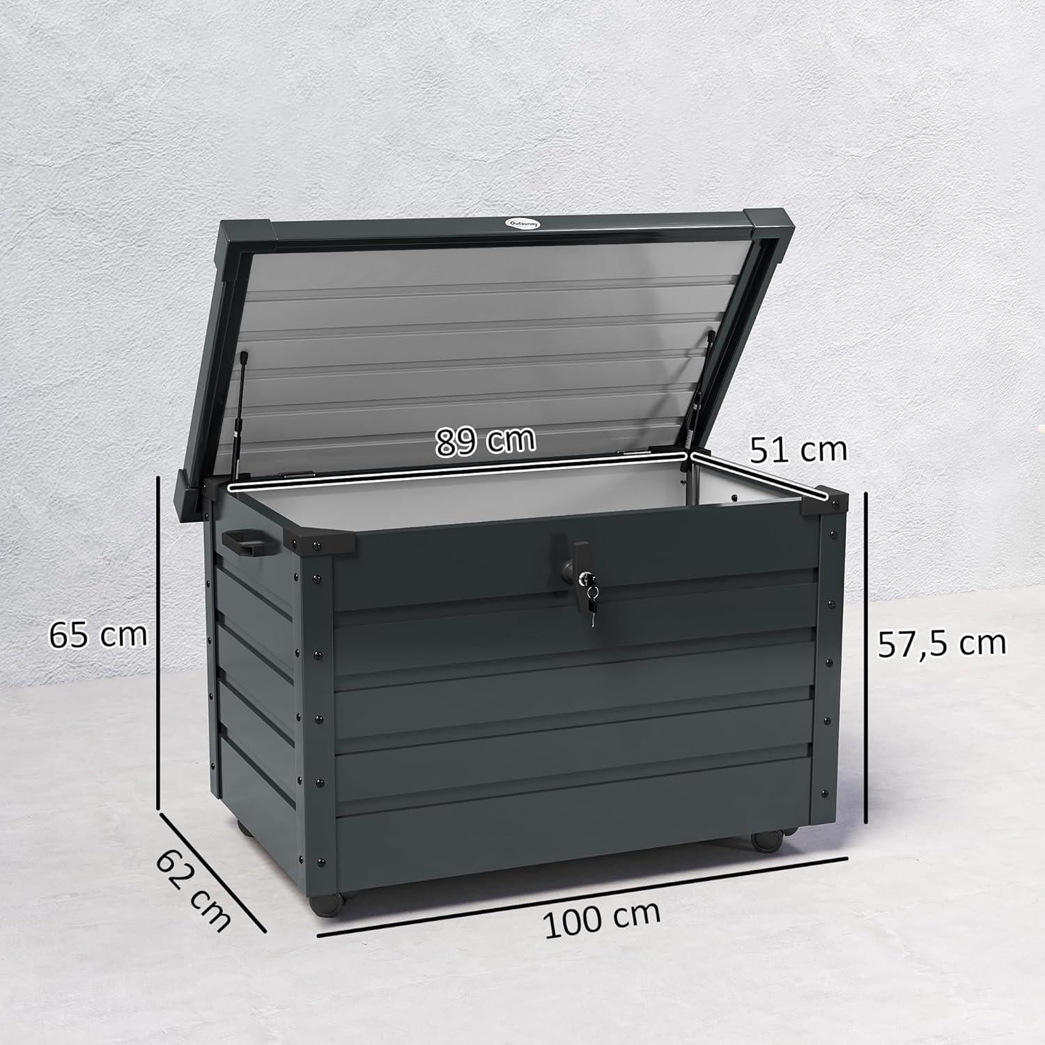 Outsunny Gartenbox Metall 295 Liter Auflagenbox mit Griffen Rollen Schloss Wasserdicht Abschließbar Gartentruhe Outdoor Kissenbox wetterfest Aufbewahrungsbox für Garten Balkon 100 x 62cm Dunkelgrau