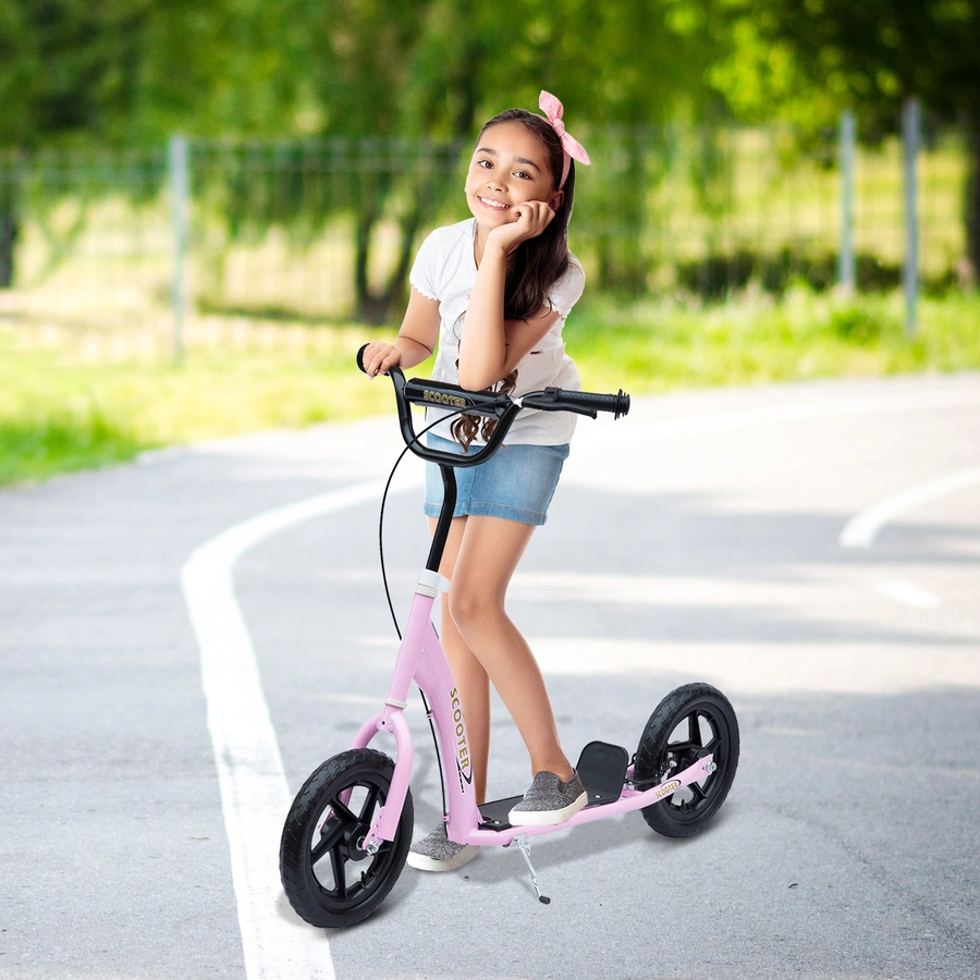 HOMCOM Kinderroller Anti-Rutsch Trittfläche, Metallfahrradständer zum Parken, pink