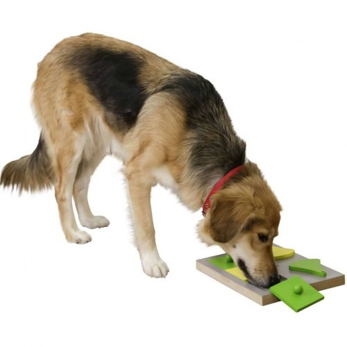 Brinquedo de inteligência em formato de bolo para cães, cinza e verde.