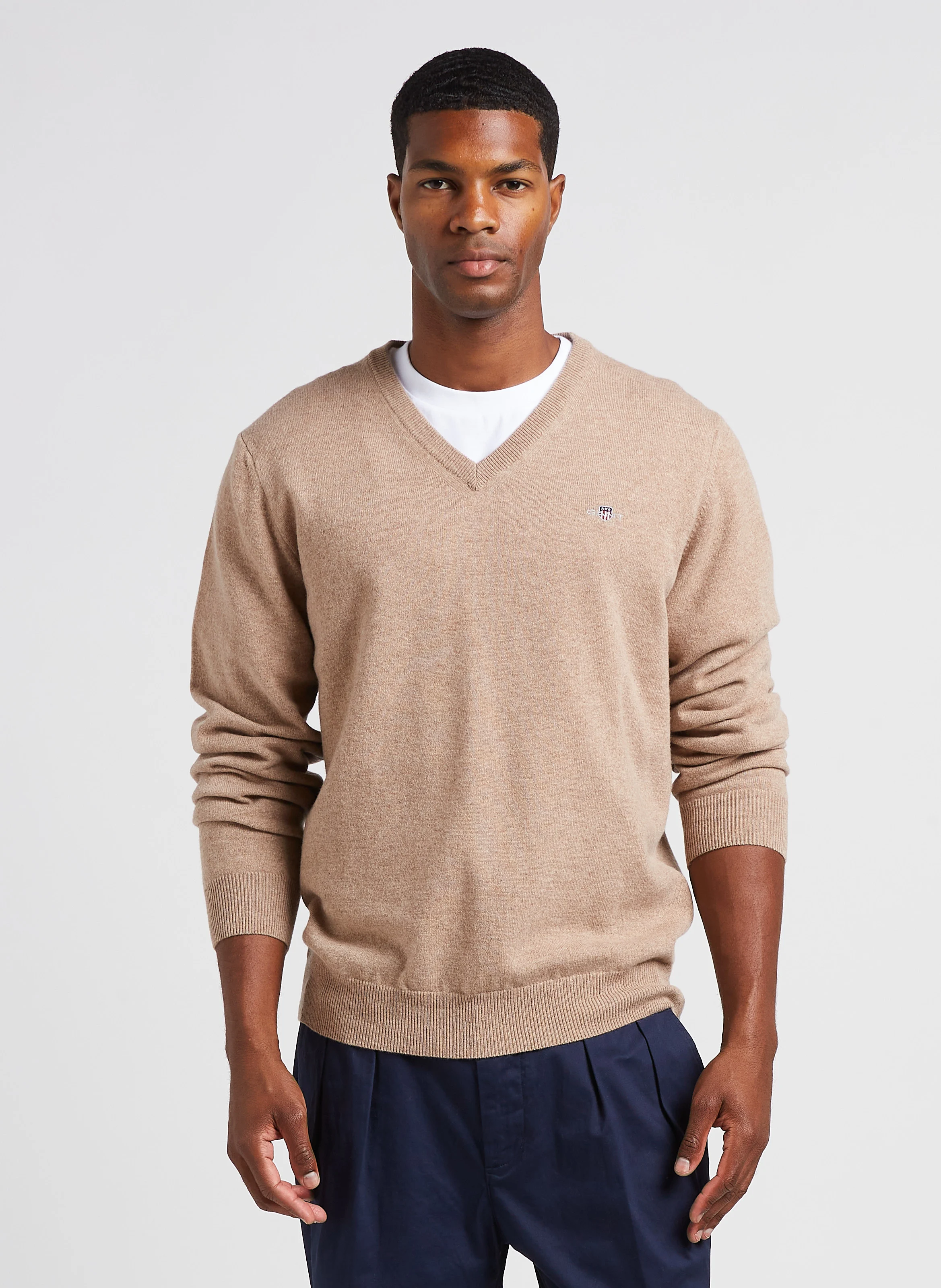 Pull droit col V brodé en laine | Beige
