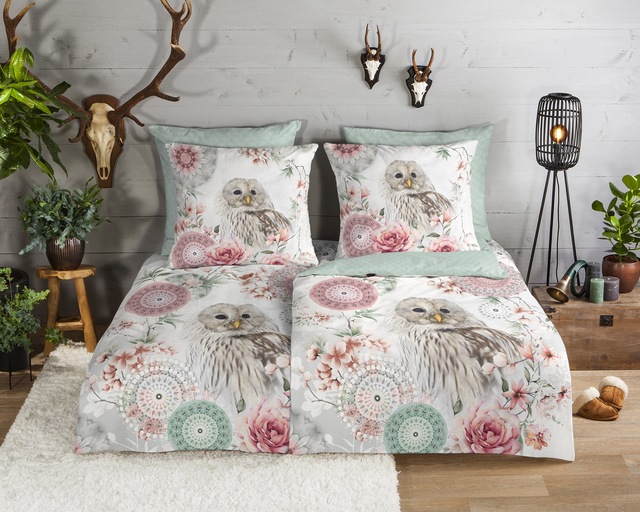 hip Wendebettwäsche »Omaira« 2 Stk. tlg. Flanell, Biber, Baumwolle, Warm, Wendeoptik, Mandala, Eule, Minzgrün