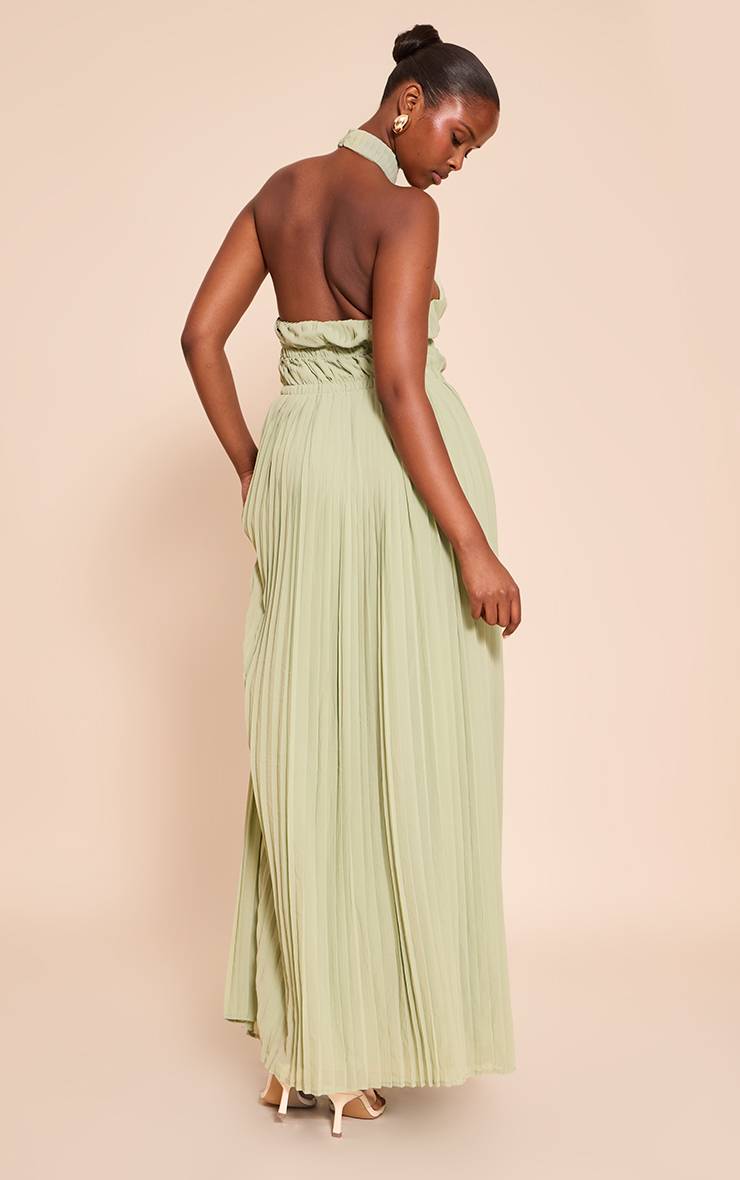Vert Sauge Robe Longue Plissée Sans Manches À Col Montant Effet Spectaculaire