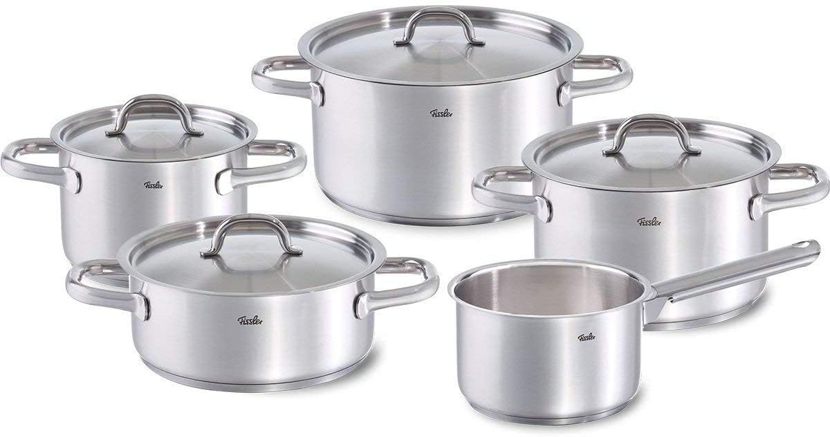 Fissler Family Line Edelstahl Topfset 5-teilig – Kochtopf-Set mit Deckeln, Bratentopf und Stielkasserolle – induktionsgeeignet, für alle Herdarten, spülmaschinengeeignet & robust
