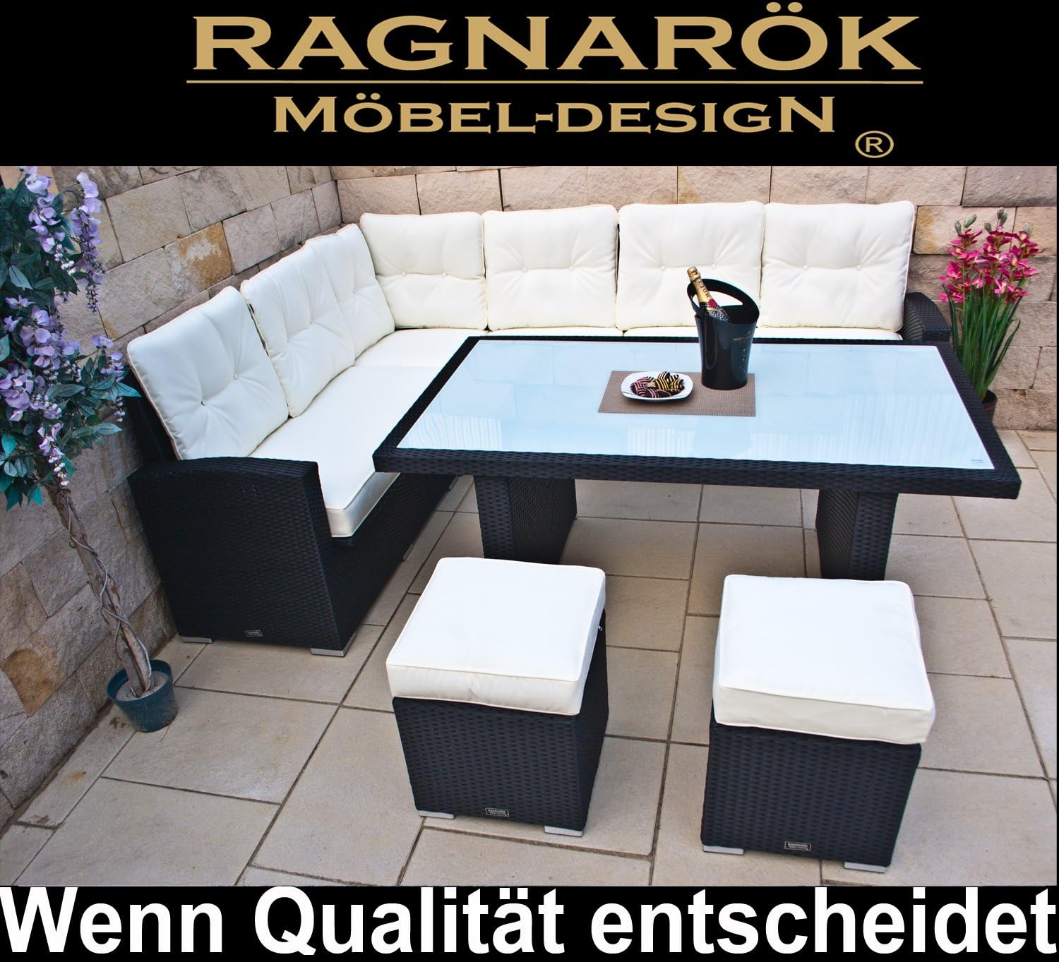 Ragnarök-Möbeldesign PolyRattan Ecklounge DEUTSCHES Familienunternehmen seit 1928 EIGENE Produktion - 8 Jahre GARANTIE - Gartenmöbel Essgruppe Tisch hohe Dining Polyrattan Aluminium Schwarz