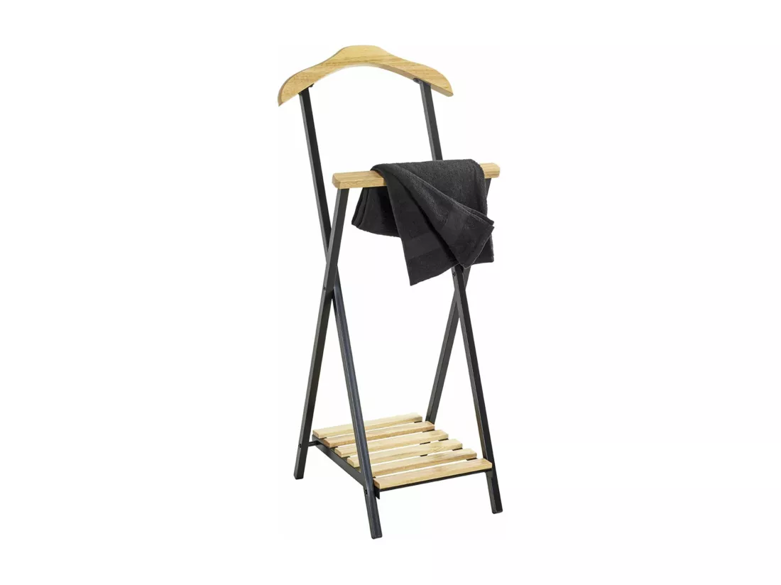 Valet de nuit , valet de chambre en bois massif coloris naturel et métal noir -longueur 45 x profondeur 45 x hauteur 110 cm