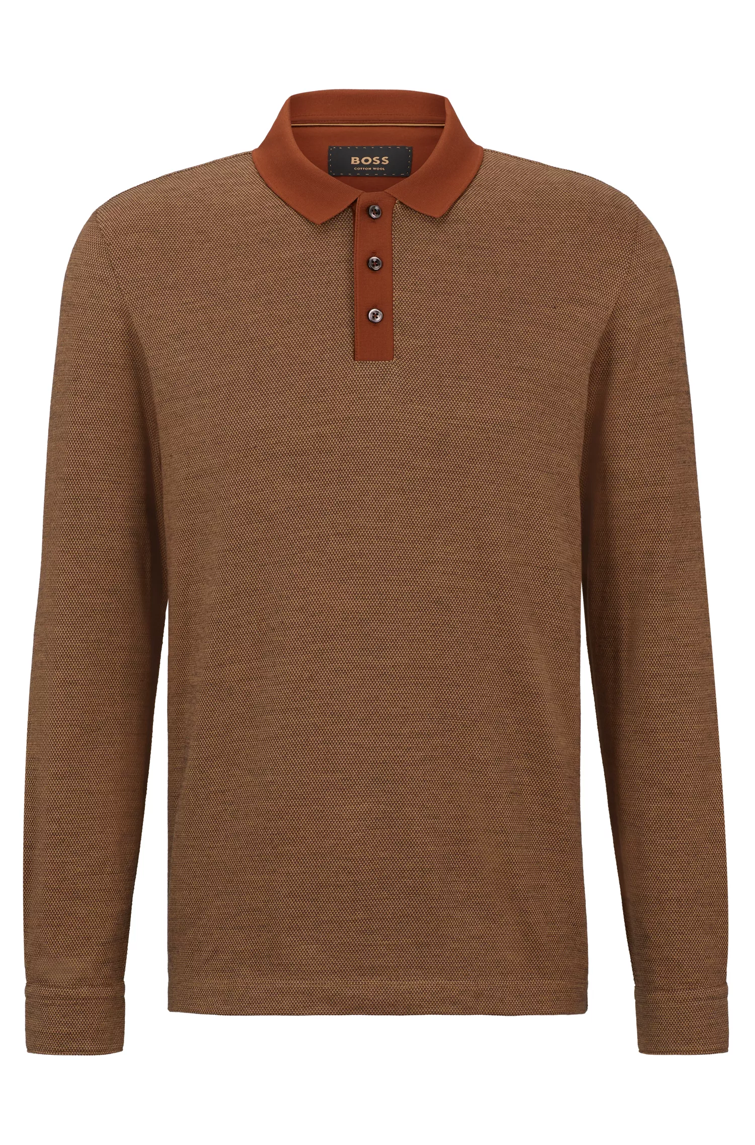 Camisa polo BOSS Camel com padrão geométrico em algodão e lã.