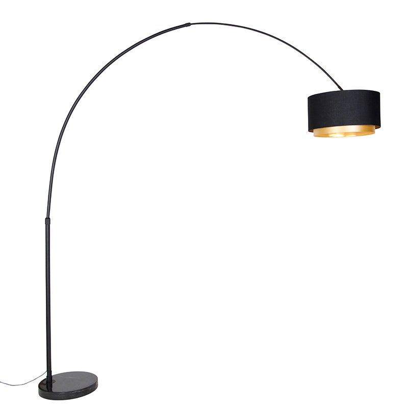 QAZQA - Moderne booglamp, zwart met dubbele kap, zwart en goud | Messing - XXL | Woonkamer | Slaapkamer - Staal, langwerpig - LED-compatibel, E27