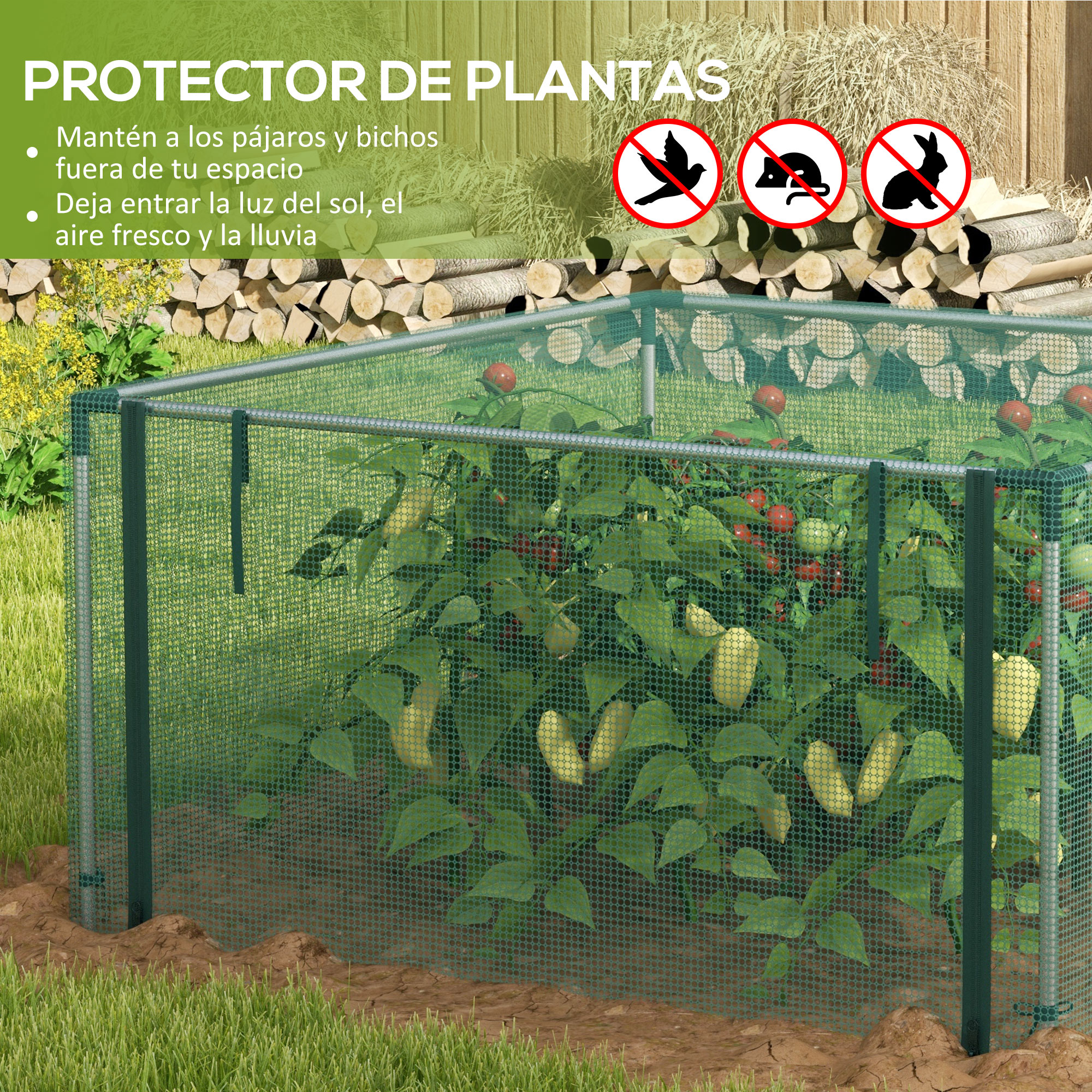 Gaiola de cultivo Outsunny, gaiola protetora com suportes de aço, porta com zíper para proteger plantas e flores em pátios, jardins e terraços, 125x125x62,5 cm, verde.