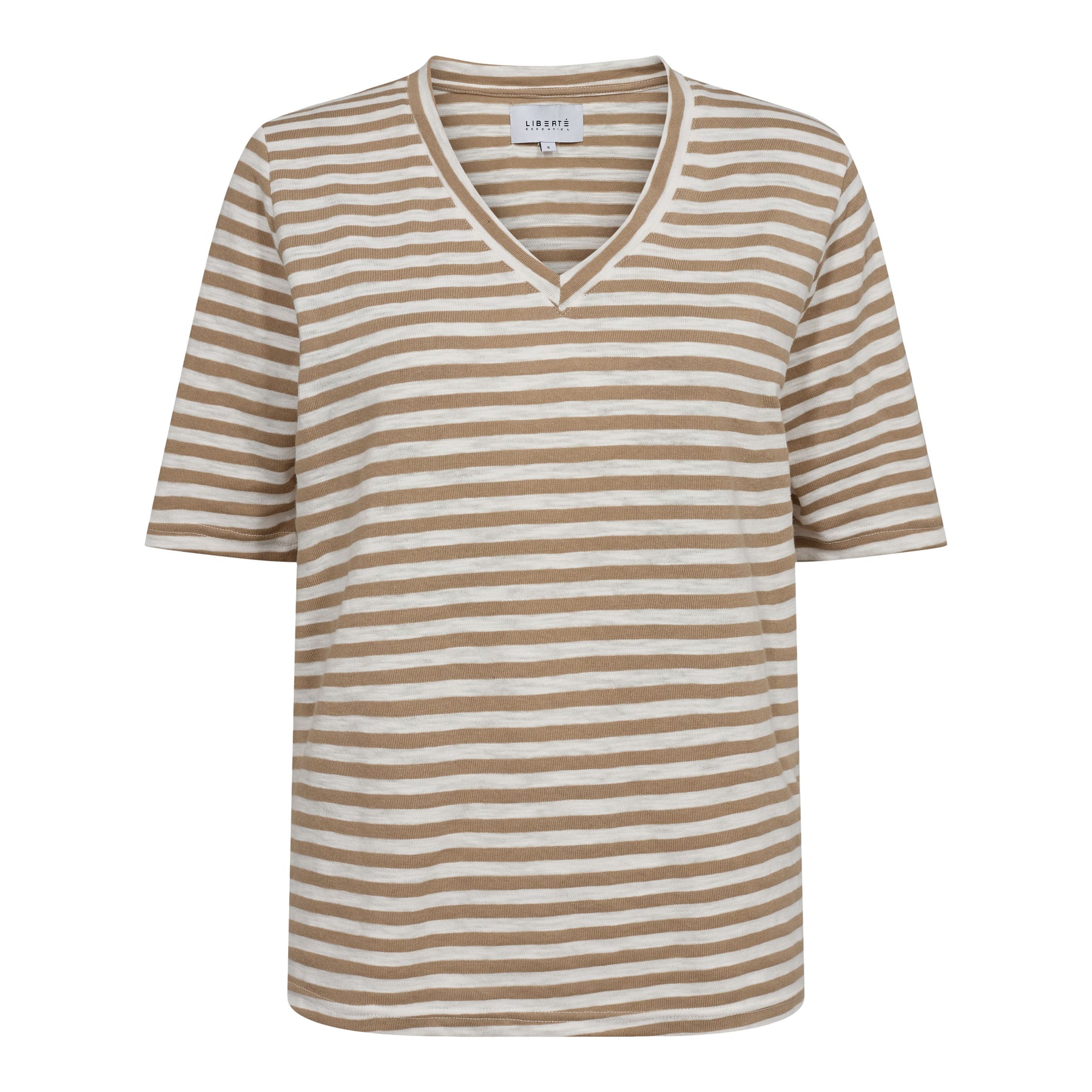 Liberte Ulla-Ss-Vneck-Stripe-Tshirt light brown white stripe