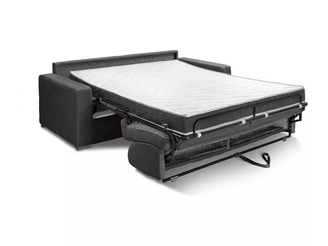 Canapé 2 places convertible express en simili gris - Couchage lattes larges 120 cm - Matelas 16 cm avec mousse à mémoire de forme CALITO