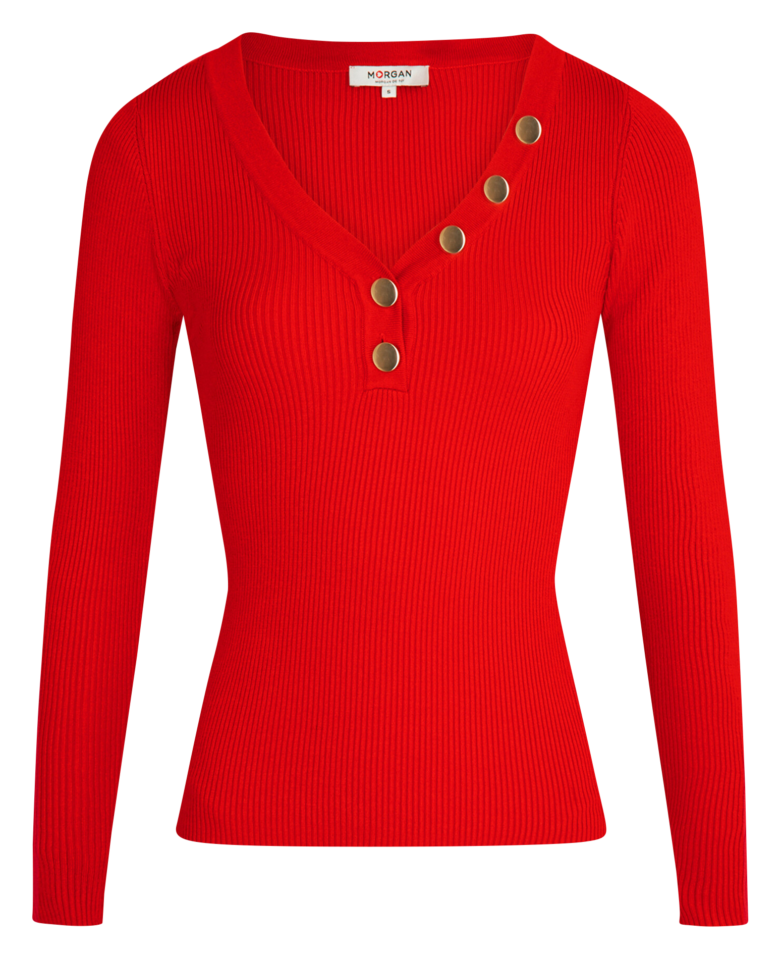 MBANBI.N - Pull col V boutonné en maille côtelée | Rouge