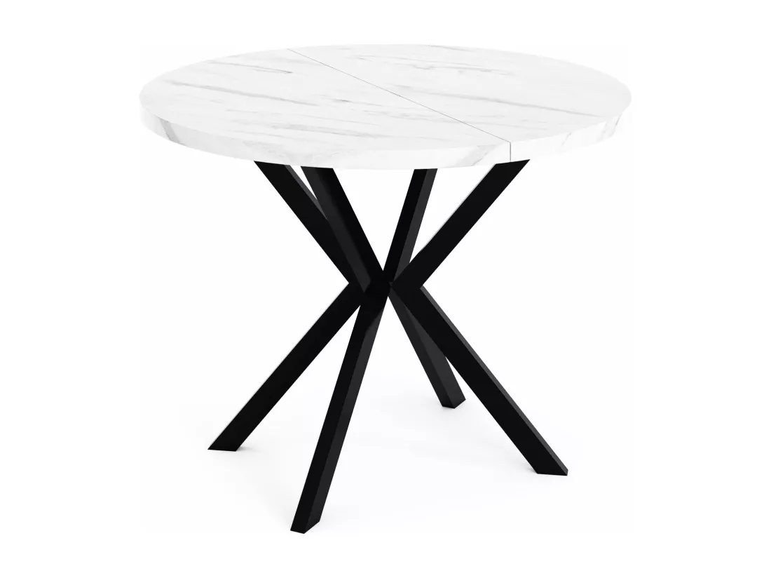 Table à Manger Extensible Ronde - Table Style Loft Avec Pieds En Métal - 100 à 176 Cm - Table Ronde Style Industriel Pour Le Salon - Compacte - Marbre Blanc/noir -