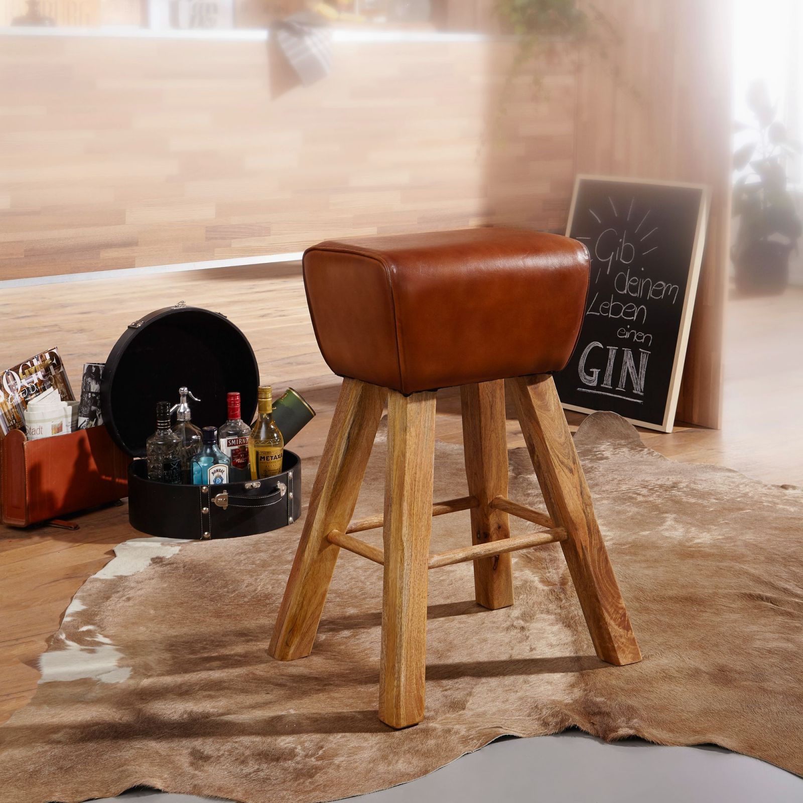 Barhocker - braun - Massivholz - Echtleder - 53,5 cm