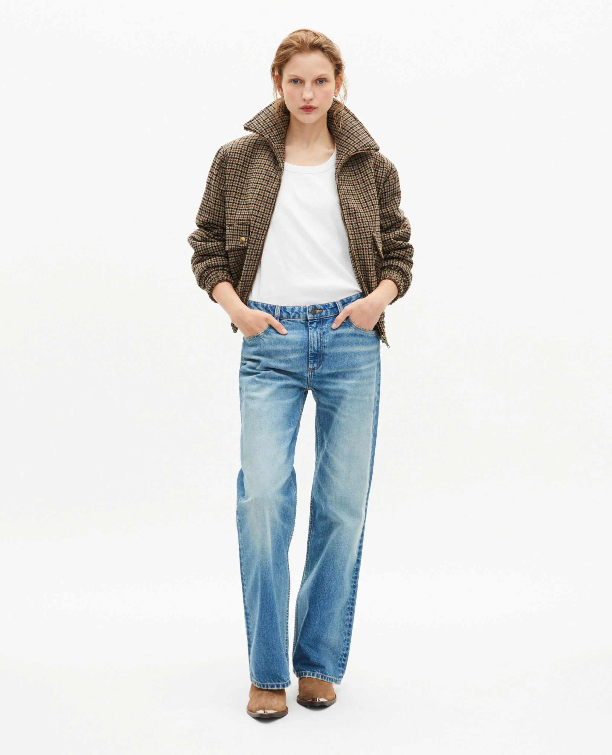 Blouson pied de poule en laine camel