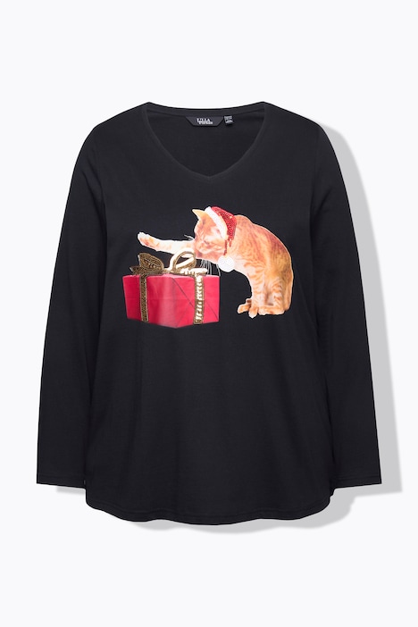Weihnachtsshirt, Katze, A-Linie, V-Ausschnitt, Langarm