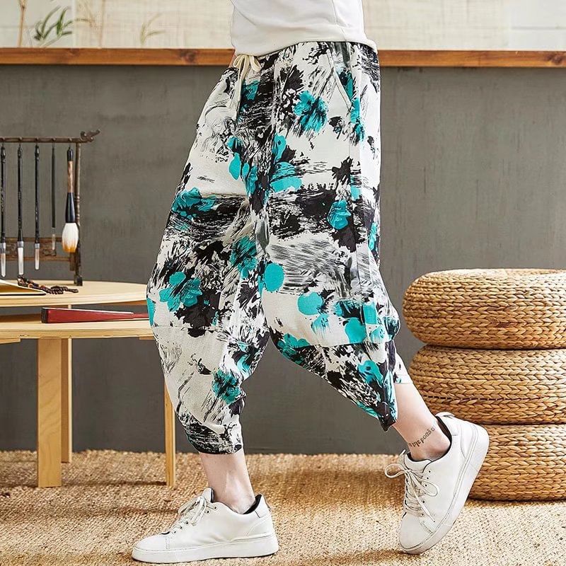 Acrius - Cropped baggy broek met trekkoord en patroonprint
