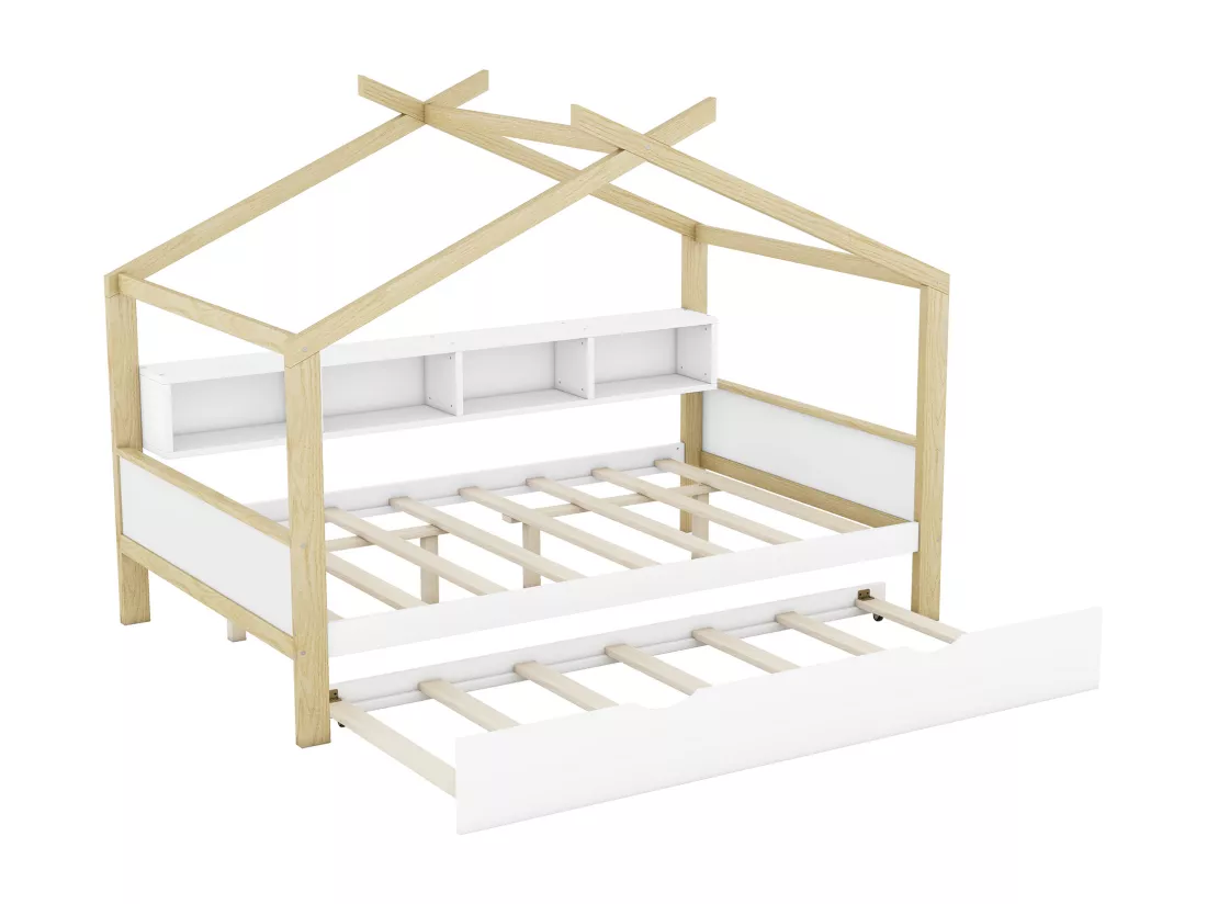 Lit cabane 140 x 200 cm avec lit gigogne 90 x 180 cm - 4 niches - Bois de pin - blanc