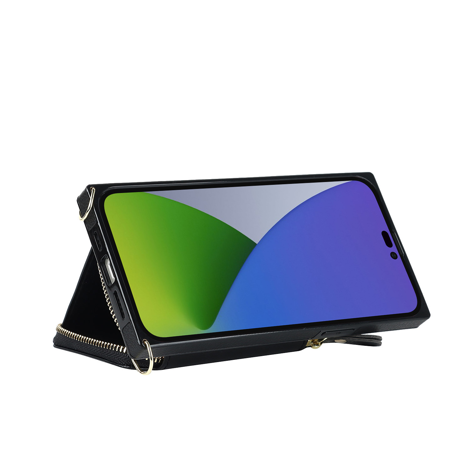 iPhone 14 Pro Max Necklace Leder Schutz Hülle mit Kartenfächer   Handykette (140cm) - Schwarz