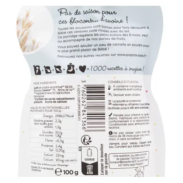 Popote Les Lactés Bolsa Mingau Biológico +6m 100g