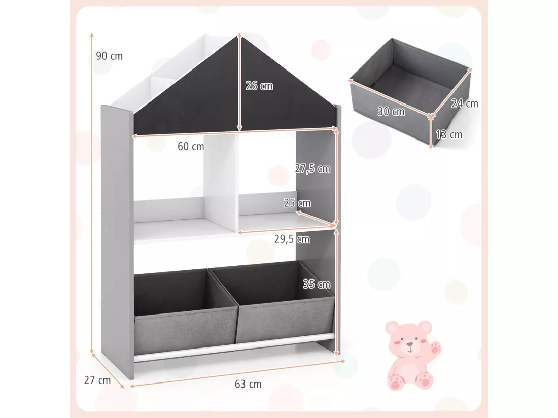 Bibliothèque enfant avec tableau noir & blanc, avec 2 tiroirs en tissu,(gris)