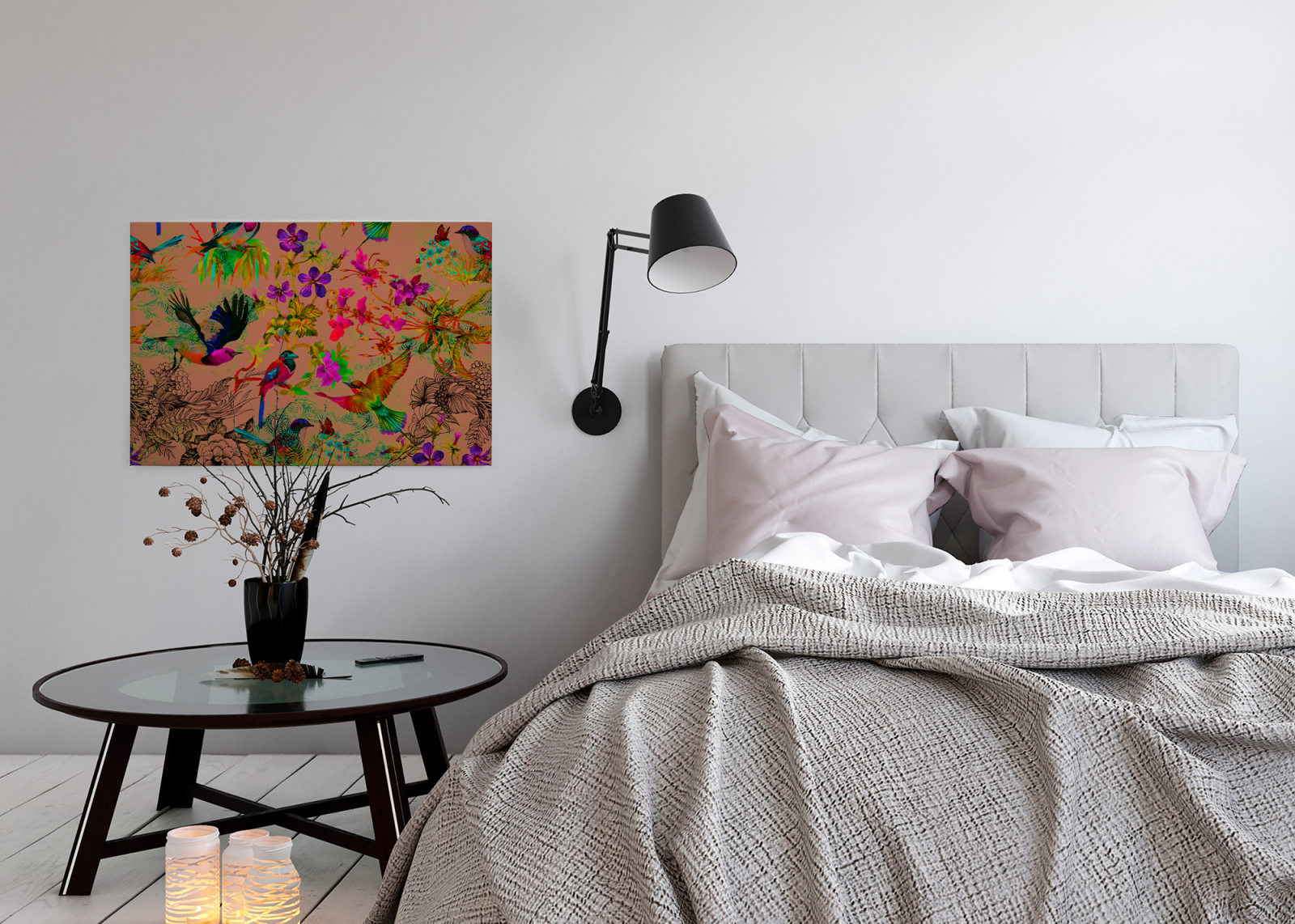 Leinwandbild VÖGEL - orange-lila-gelb - 90x60 cm